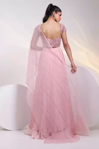 pink embroidered chiffon lehenga set