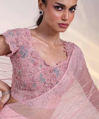 pink embroidered chiffon lehenga set 3