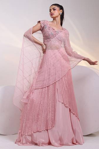 pink embroidered chiffon lehenga set