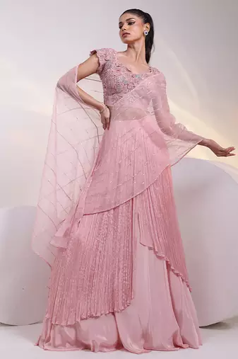 pink embroidered chiffon lehenga set