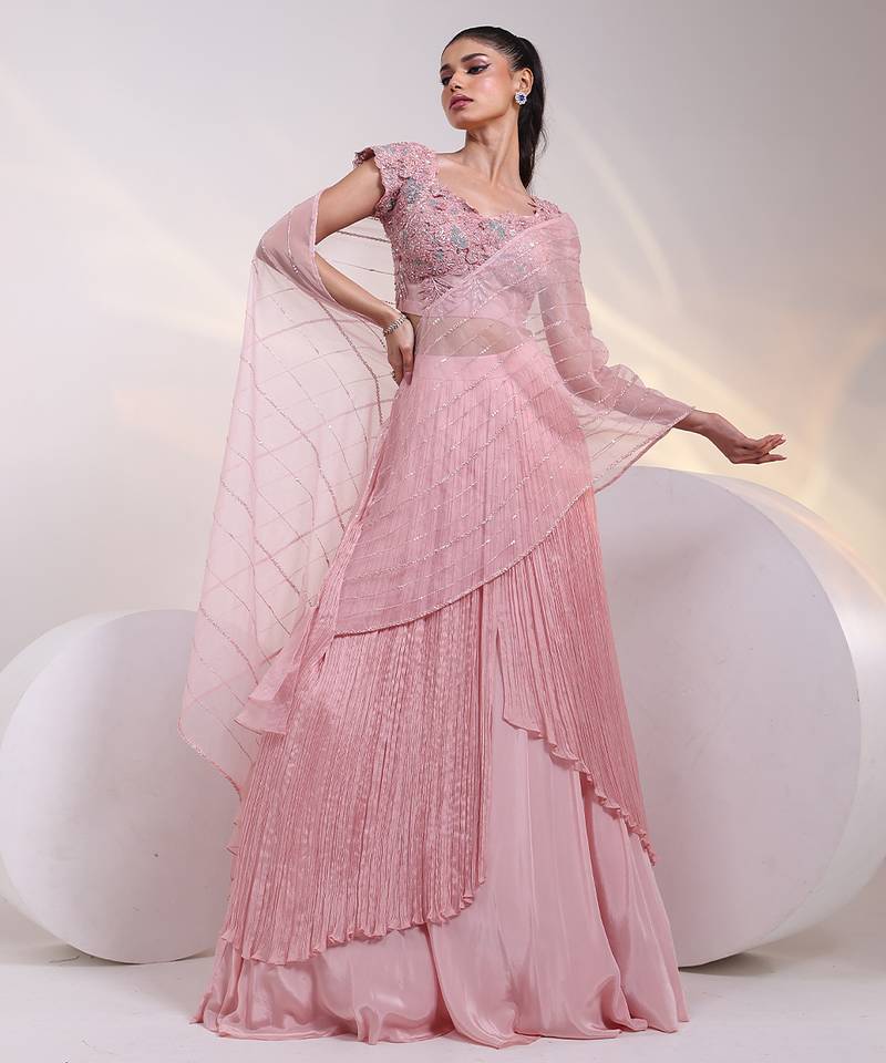 pink embroidered chiffon lehenga set