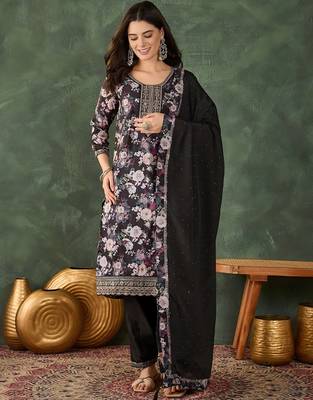 black embroidered chinon silk straight kurta pant and dupatta set 1