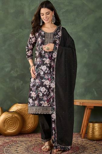 black embroidered chinon silk straight kurta pant and dupatta set