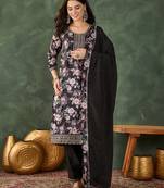 black embroidered chinon silk straight kurta pant and dupatta set