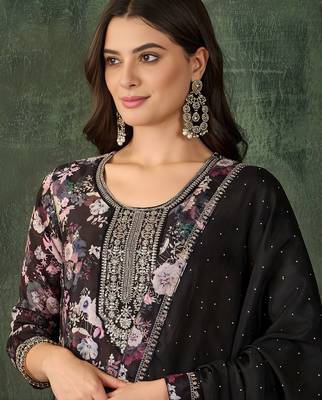 black embroidered chinon silk straight kurta pant and dupatta set 2