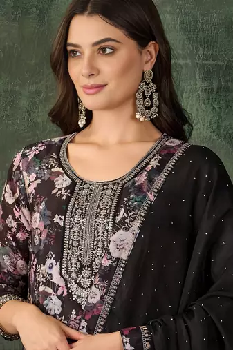 black embroidered chinon silk straight kurta pant and dupatta set