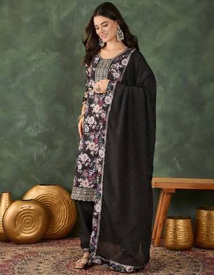 black embroidered chinon silk straight kurta pant and dupatta set 3