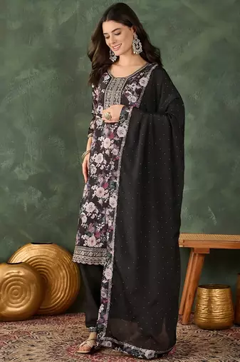 black embroidered chinon silk straight kurta pant and dupatta set