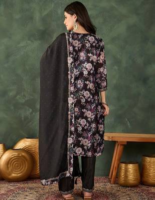 black embroidered chinon silk straight kurta pant and dupatta set 4