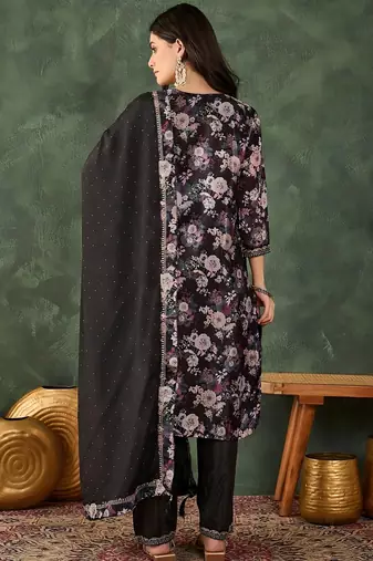 black embroidered chinon silk straight kurta pant and dupatta set