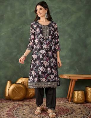 black embroidered chinon silk straight kurta pant and dupatta set 5