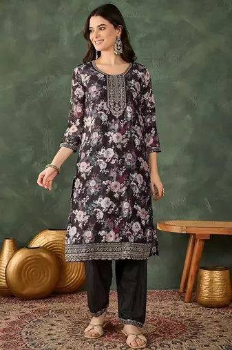 black embroidered chinon silk straight kurta pant and dupatta set