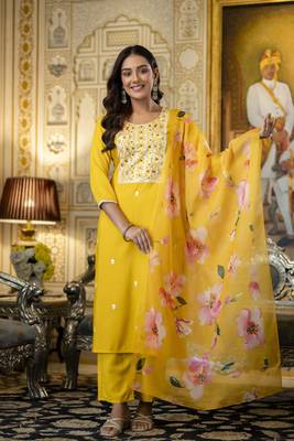 yellow embroidered viscose rayon straight kurta pant and dupatta set 1