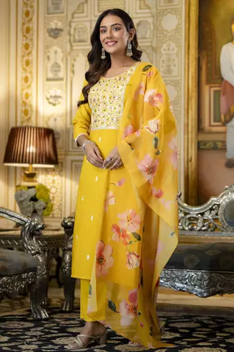 yellow embroidered viscose rayon straight kurta pant and dupatta set