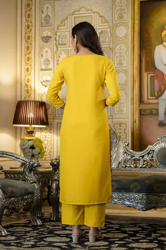 yellow embroidered viscose rayon straight kurta pant and dupatta set