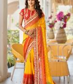  yellow fancy print bandhani saree  heavy moss chiffon with heavy work blouse