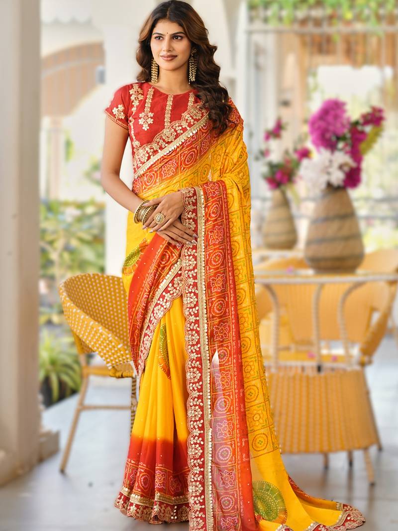  yellow fancy print bandhani saree  heavy moss chiffon with heavy work blouse
