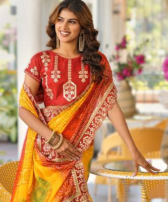  yellow fancy print bandhani saree moss chiffon with work blouse 3