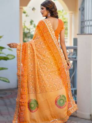  orange fancy print bandhani saree moss chiffon with work blouse 2