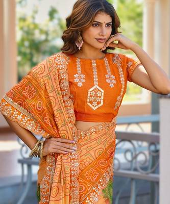  orange fancy print bandhani saree moss chiffon with work blouse 3