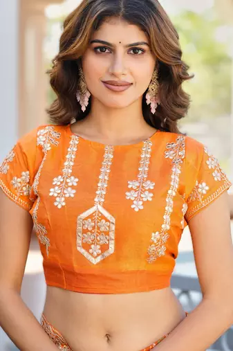  orange fancy print bandhani saree moss chiffon with work blouse
