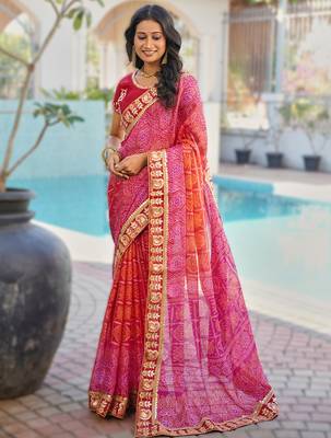  pink fancy print bandhani saree moss chiffon with work blouse 1