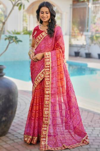  pink fancy print bandhani saree  heavy moss chiffon with heavy work blouse
