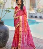  pink fancy print bandhani saree  heavy moss chiffon with heavy work blouse