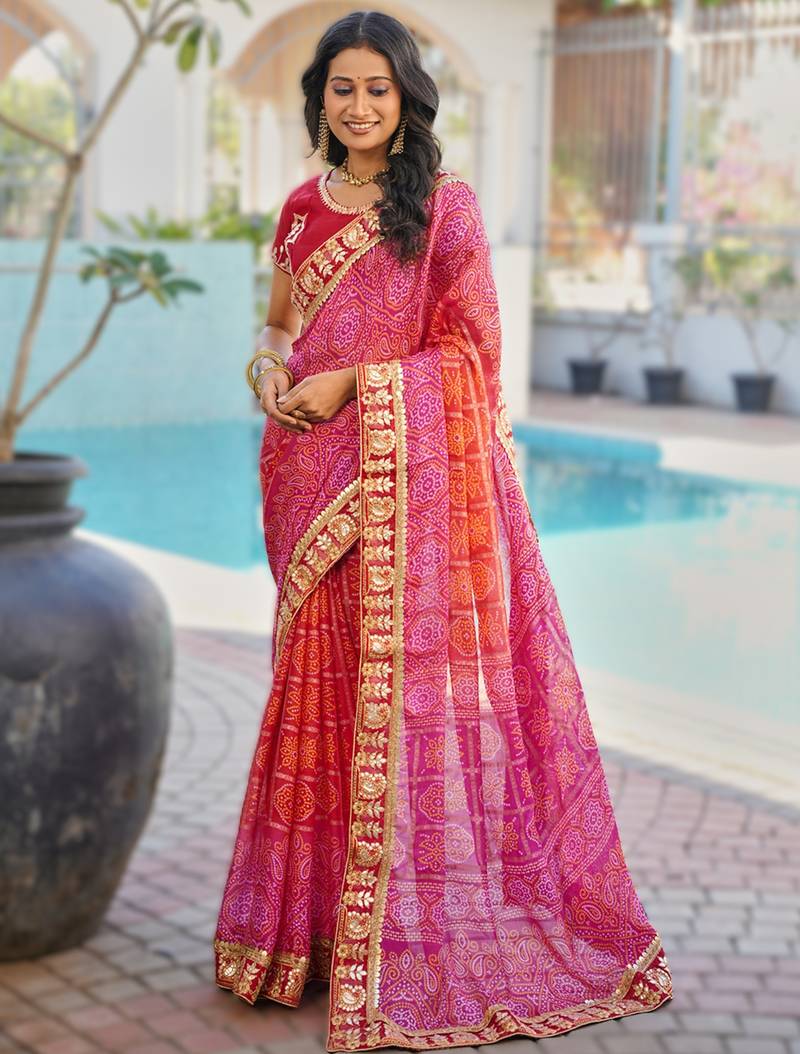  pink fancy print bandhani saree  heavy moss chiffon with heavy work blouse