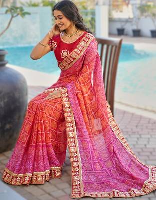  pink fancy print bandhani saree moss chiffon with work blouse 2