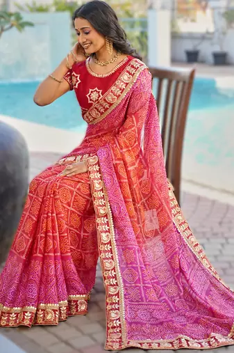  pink fancy print bandhani saree moss chiffon with work blouse