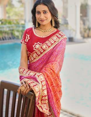 pink fancy print bandhani saree moss chiffon with work blouse 3