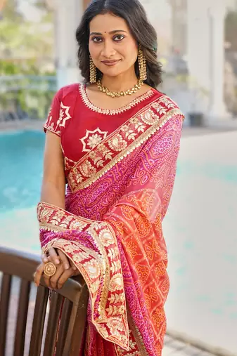  pink fancy print bandhani saree moss chiffon with work blouse
