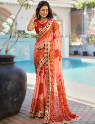light pink fancy print bandhani saree moss chiffon with work blouse 1
