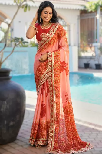 light pink  fancy print bandhani saree  heavy moss chiffon with heavy work blouse