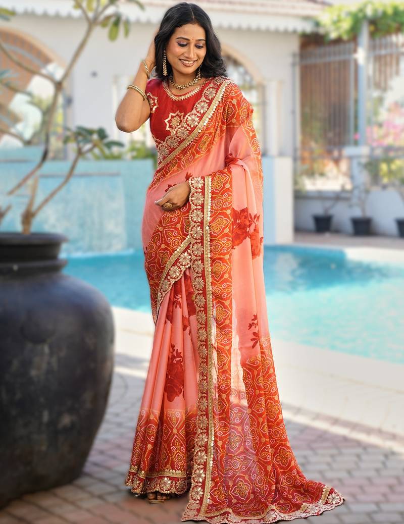 light pink  fancy print bandhani saree  heavy moss chiffon with heavy work blouse