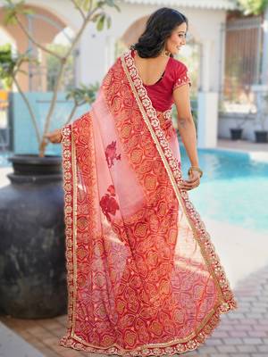 light pink fancy print bandhani saree moss chiffon with work blouse 2