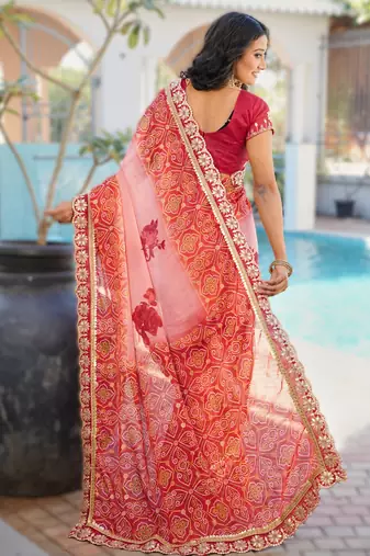 light pink fancy print bandhani saree moss chiffon with work blouse