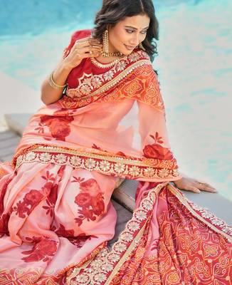 light pink fancy print bandhani saree moss chiffon with work blouse 3