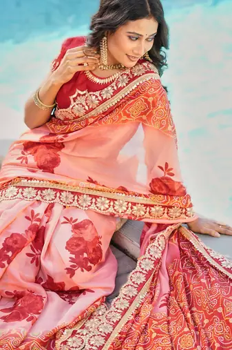 light pink fancy print bandhani saree moss chiffon with work blouse