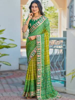  green fancy print bandhani saree moss chiffon with work blouse 1