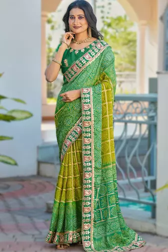  green fancy print bandhani saree  heavy moss chiffon with heavy work blouse