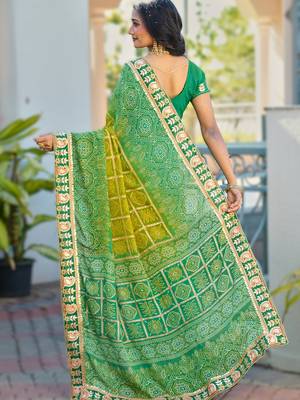  green fancy print bandhani saree moss chiffon with work blouse 2