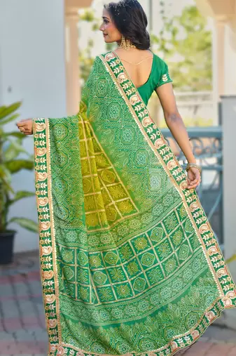  green fancy print bandhani saree moss chiffon with work blouse