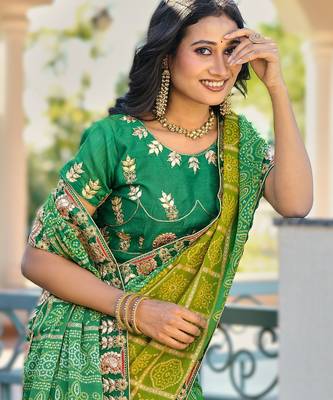  green fancy print bandhani saree moss chiffon with work blouse 3