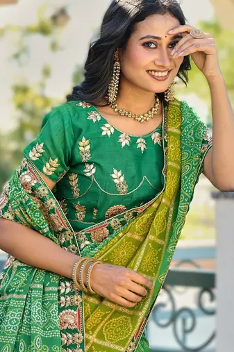  green fancy print bandhani saree moss chiffon with work blouse