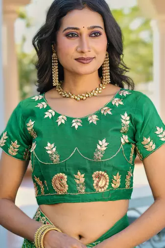  green fancy print bandhani saree moss chiffon with work blouse