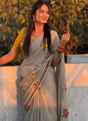 chiku rangoli silk saree with embroidered mirror work 1