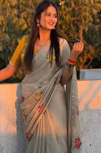 chiku rangoli silk saree with embroidered mirror work