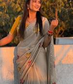 chiku rangoli silk saree with embroidered mirror work